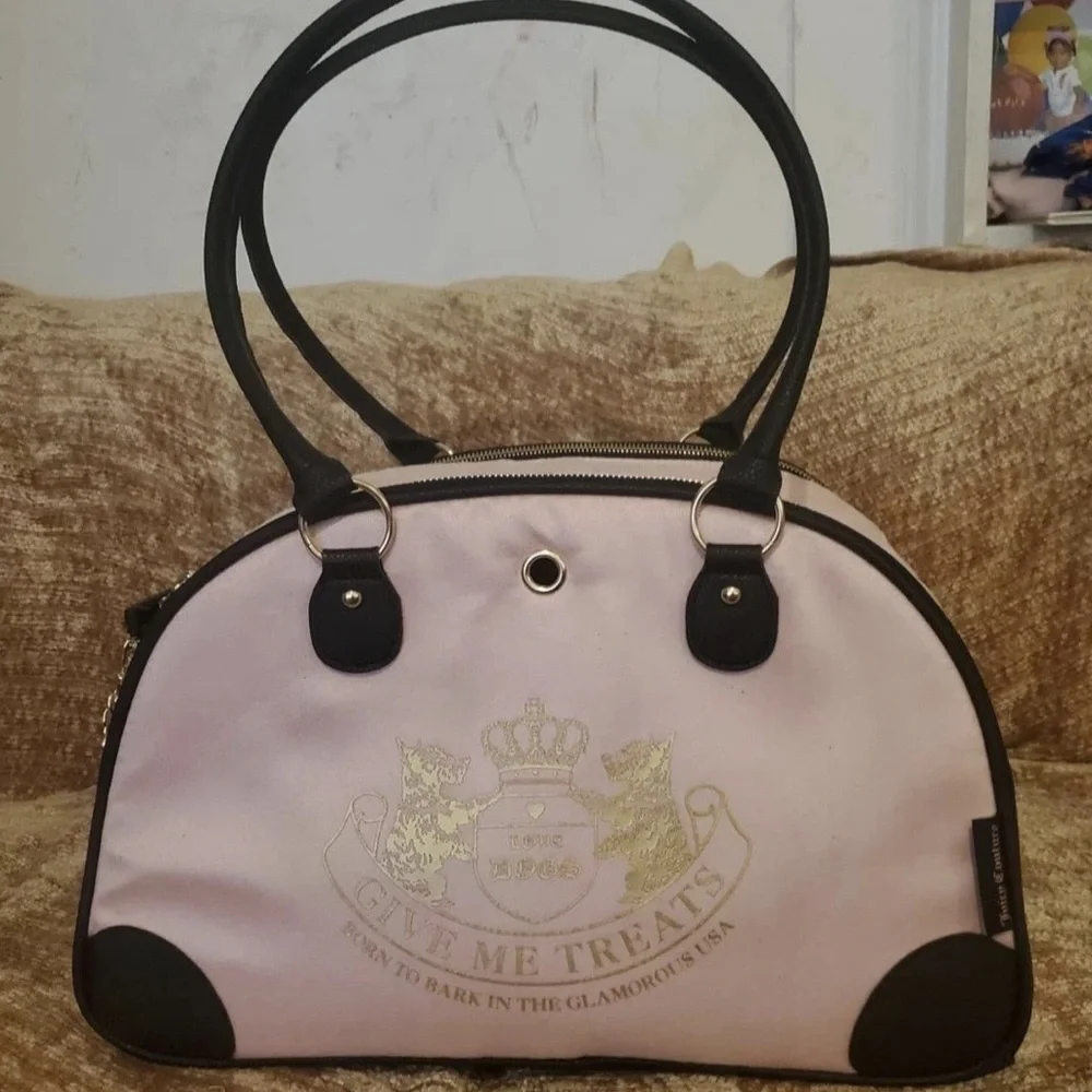 Juicy Couture Pink and Black Pet Travel Carrier with Gold Accents